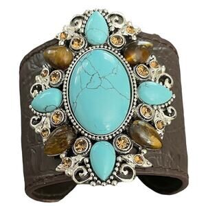 Andara Medallion Leather Cuff Asian Turquoise and Tiger Eye - New in Box